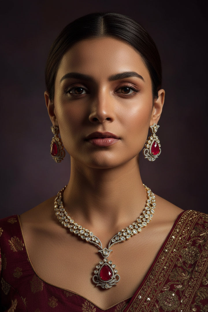 Ruby red Kundan and diamond fusion necklace set in gold-tone finish