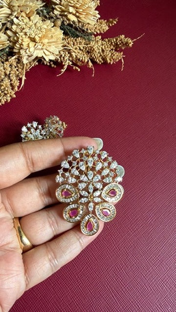 Kanika ruby-pink and white American Diamond pendant set with earrings