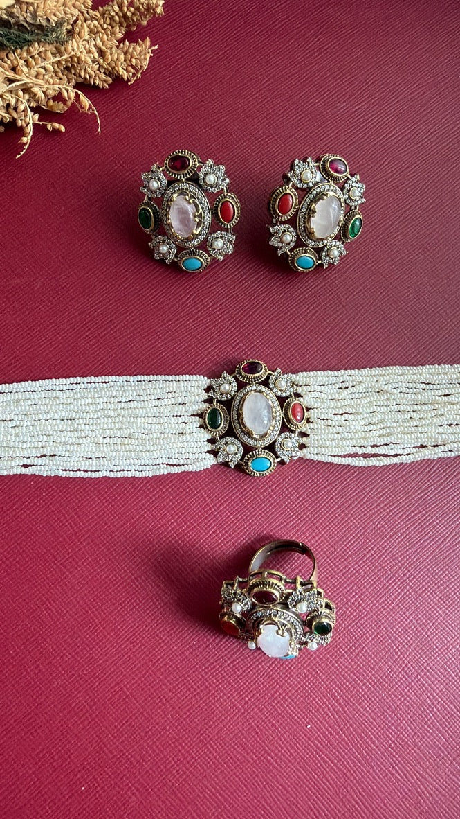 Swatika Victorian multi-colour choker set with earrings and ring
