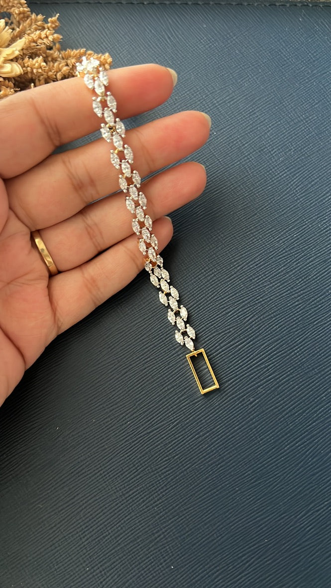 Pankhudi CZ tennis bracelet worn on wrist, festive party jewellery for women