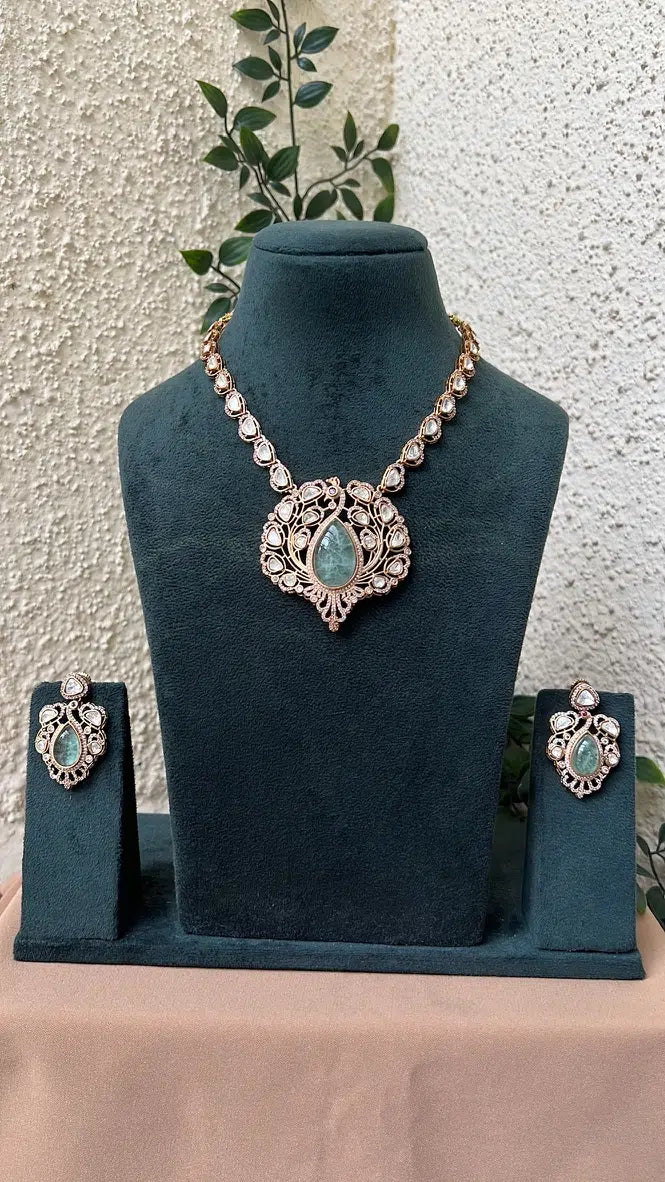 Morni Kundan Necklace Set - Sea Green