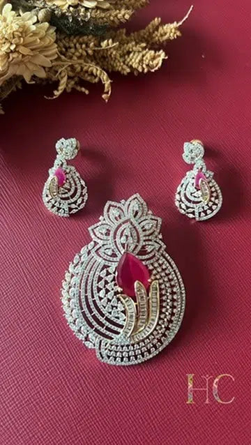 Gold-tone ruby red American Diamond pendant set from Hema Collections