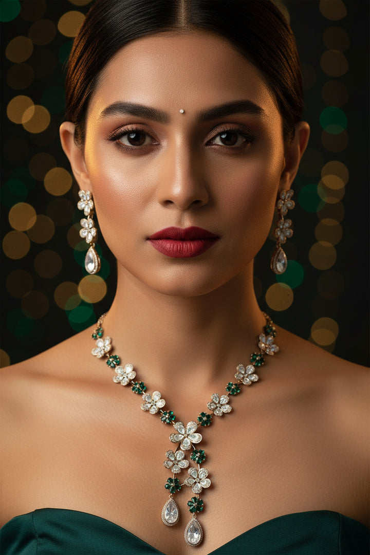 Green Flower Moissanite Kundan Necklace Set