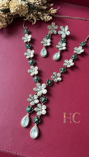 Green Flower Moissanite Kundan Necklace Set