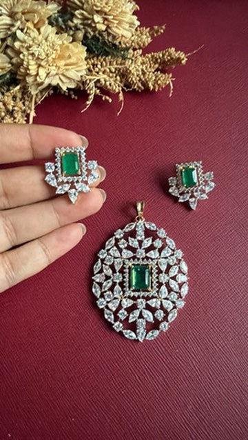 Gold-tone green American Diamond pendant set from Hema Collections