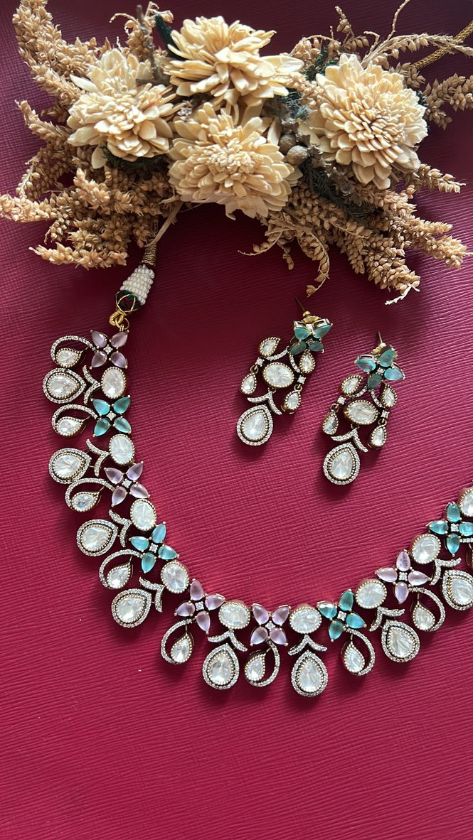 Minal Kundan Necklace Set - Pink Mint