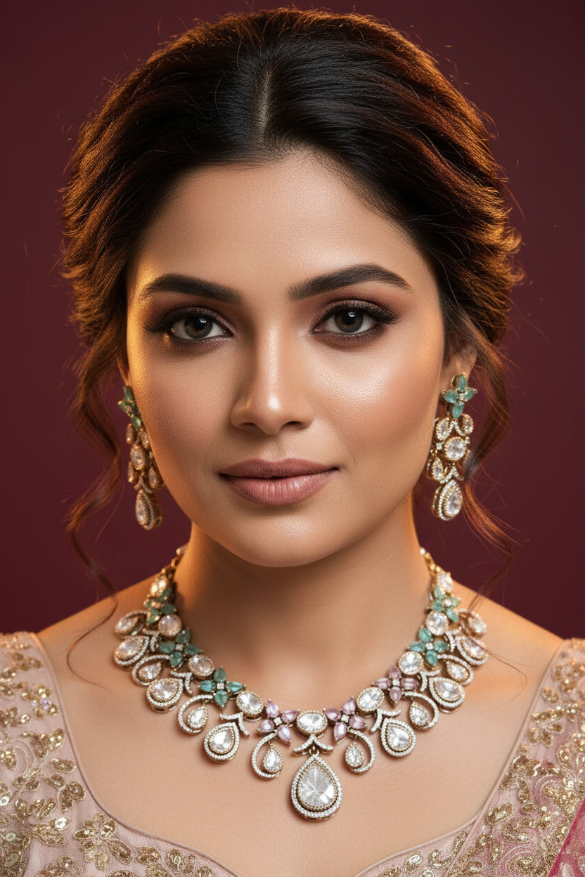Minal Kundan Necklace Set - Pink Mint