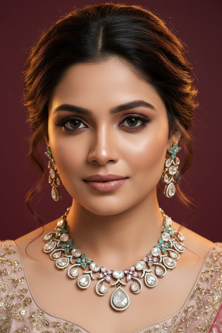 Minal Kundan Necklace Set - Pink Mint