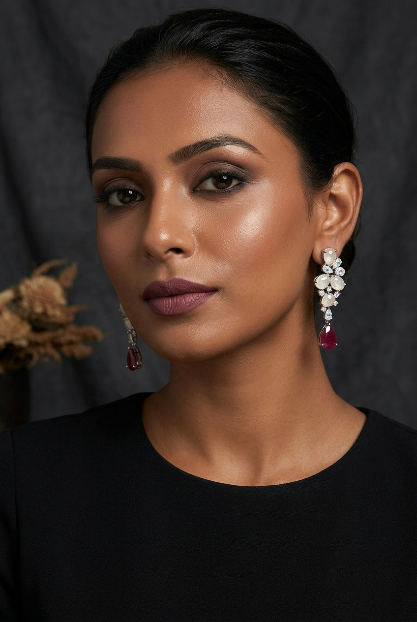 Suri silver-toned doublet dangler earrings with ruby-pink drop