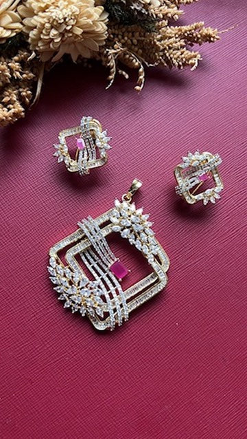 Gold-tone ruby red American Diamond pendant set from Hema Collections