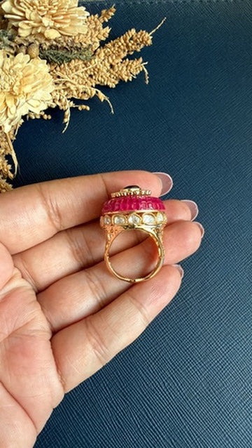 Pallavi ruby red statement ring in matt gold finish with AAA CZ and green stone