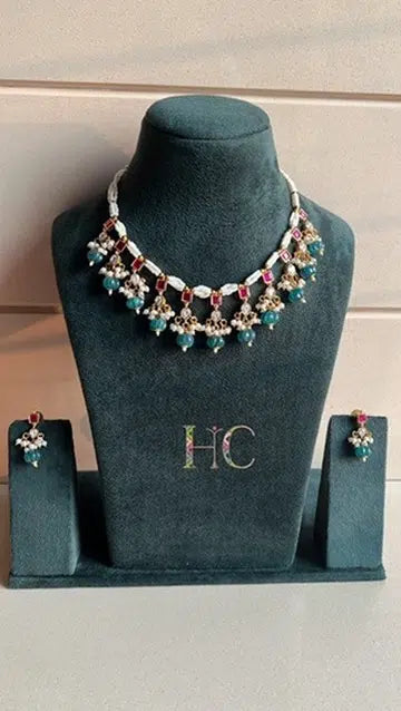 Ruby &amp; Emerald Beaded Kundan Necklace Set