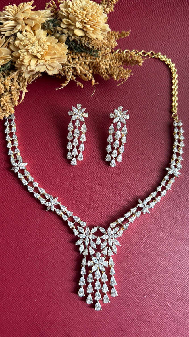 Jyosthna American Diamond necklace set showing the gold-toned adjustable back chain and matching earrings