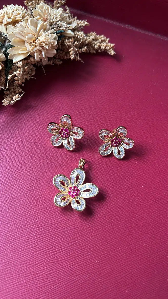 Pushpa Diamond Pendant Set - Red