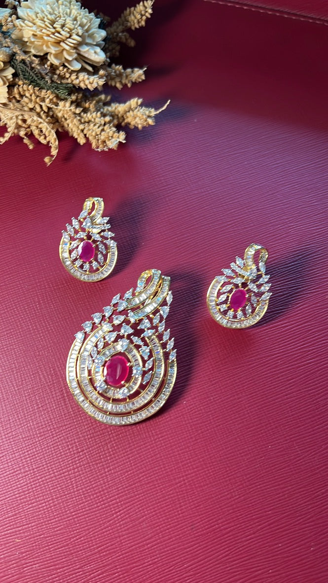 Gold-tone ruby red American Diamond pendant set from Hema Collections