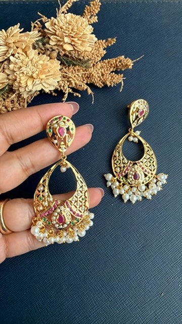 Lipika antique gold-toned chandbali earrings, 3 inch long dangler with pearl drops