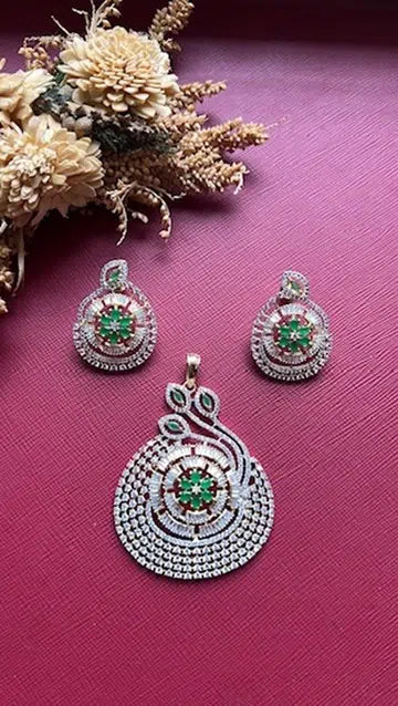 Gold-tone green American Diamond pendant set from Hema Collections