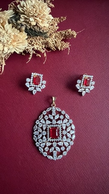 Gold-tone ruby red American Diamond pendant set from Hema Collections