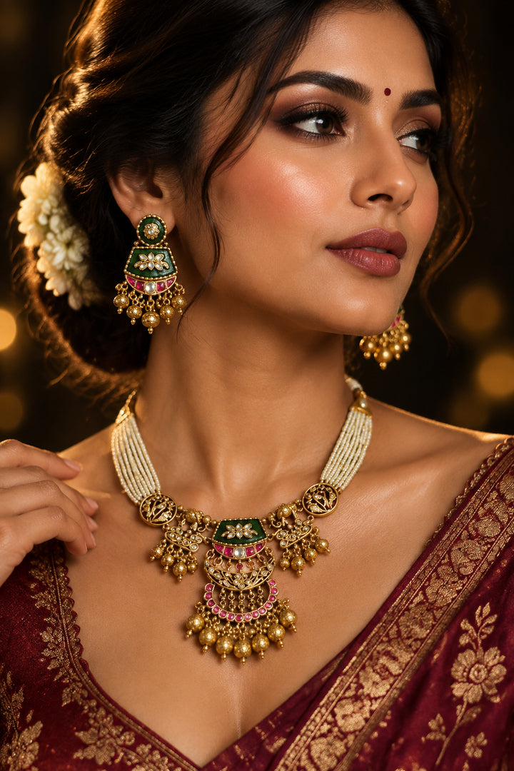 Green and white Pachi Kundan choker set with matching push-back earrings, gold-toned