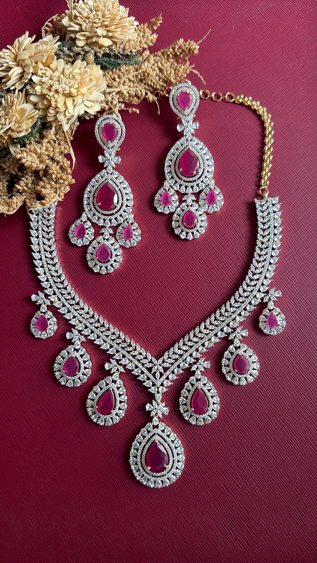 Supriya American Diamond necklace with large double-halo ruby-pink centre drop