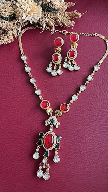 Ruby-Red Stone Traditional Necklace Set
