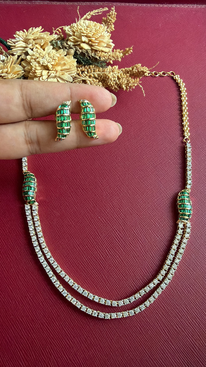 Eliana green and white American Diamond necklace set with curved baguette studs