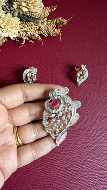 Aahana paisley pendant set with both screw-back earrings, silver tone with gold accents