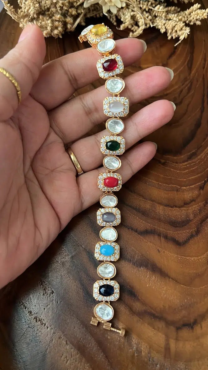 Multi-colour Kundan bracelet worn on wrist, festive jewellery for women