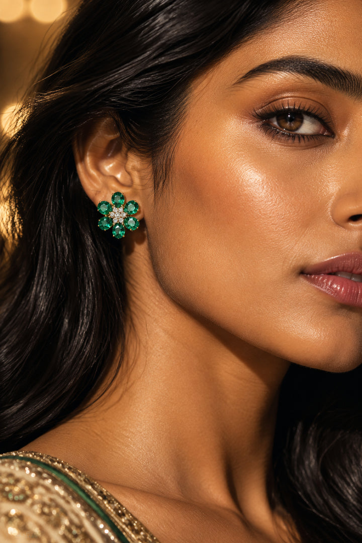 Nurani green flower stud earrings with white centre stone in silver polish