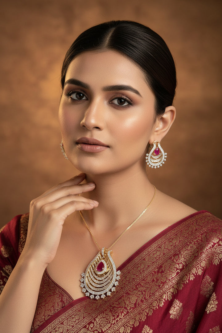 Alankrita Diamond Pendant Set - Rubi