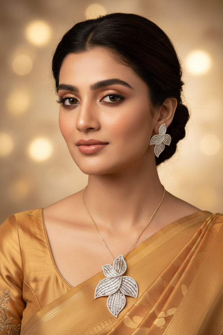 Elegant Leaf Design Diamond Pendant Set