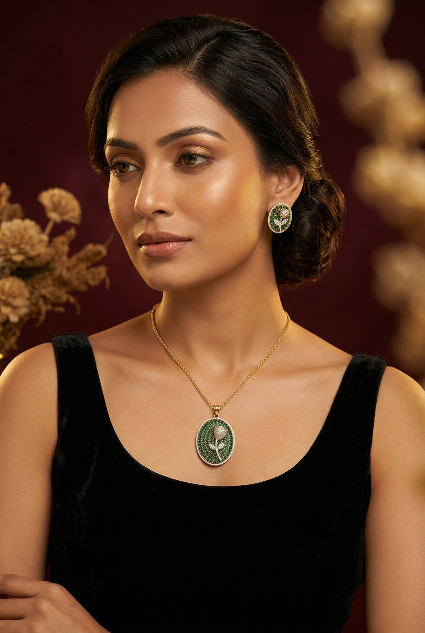 Nirali emerald-green and white American Diamond rose pendant set