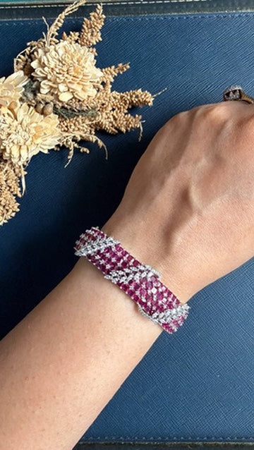 Ruby red American Diamond bracelet in silver-tone rhodium finish