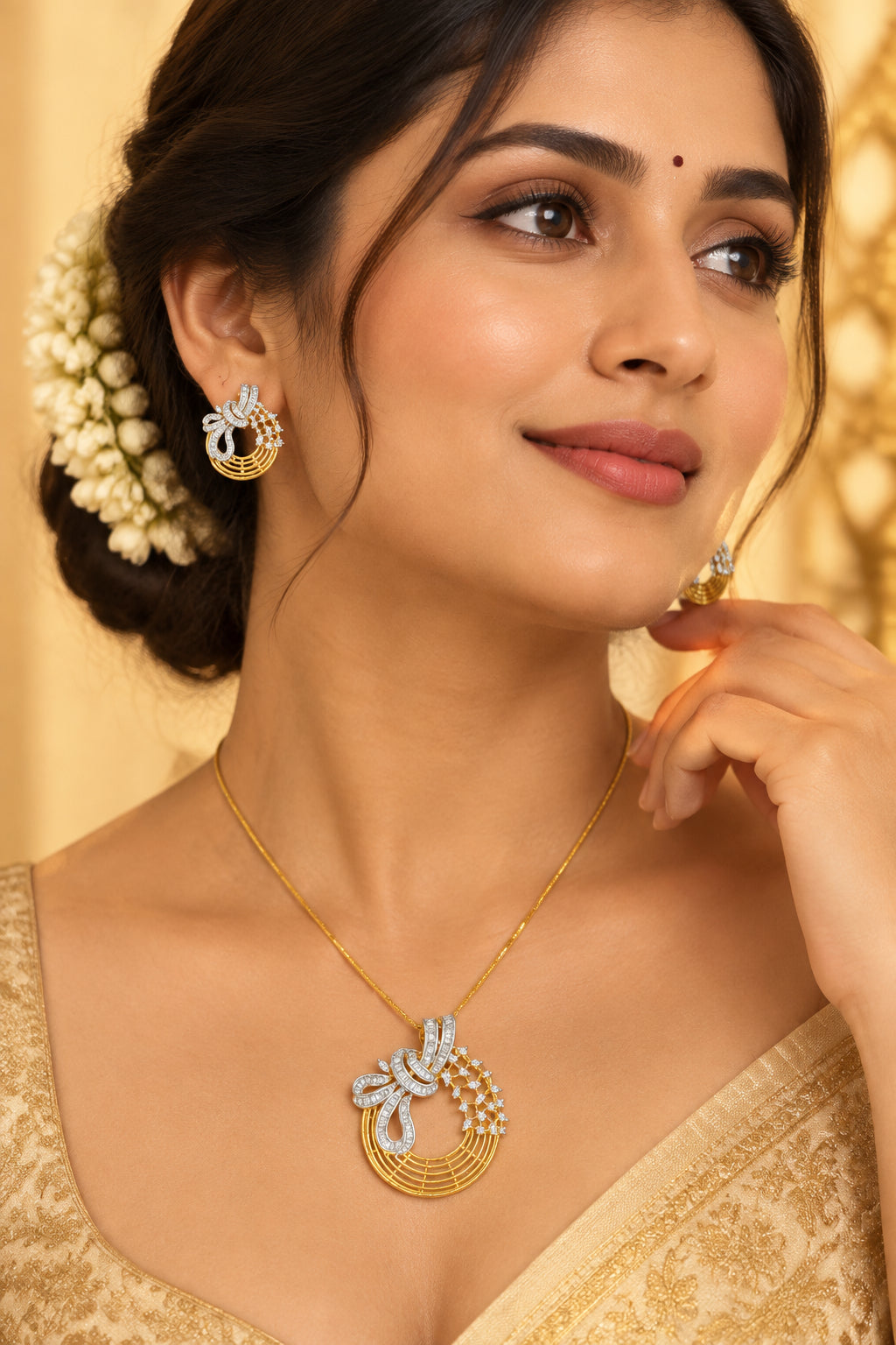 White cushion-cut American Diamond pendant set with chain and matching earrings