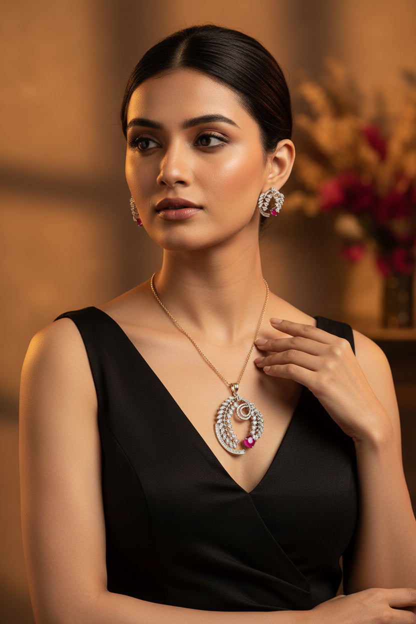 Vrishti Diamond Pendant Set - Red
