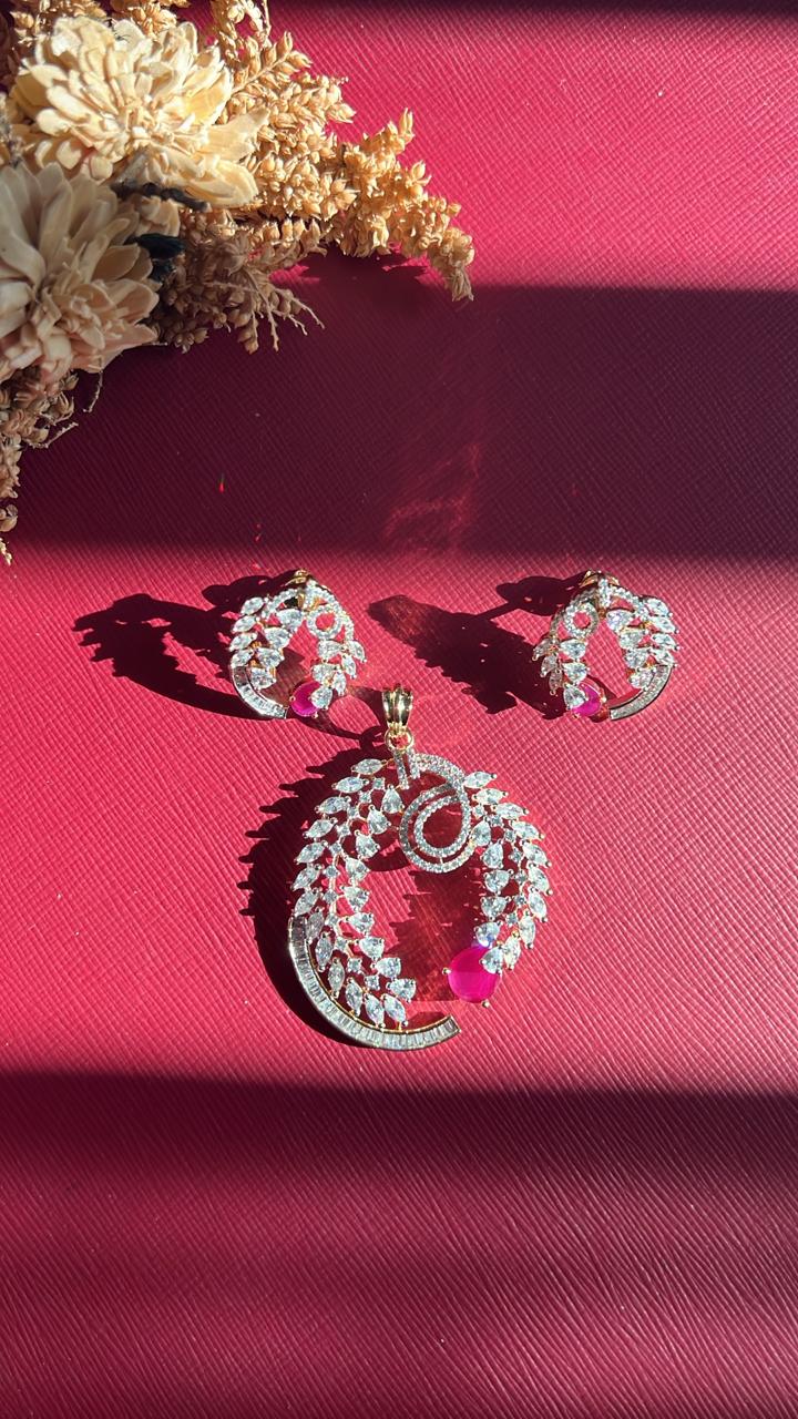 Vrishti Diamond Pendant Set - Red