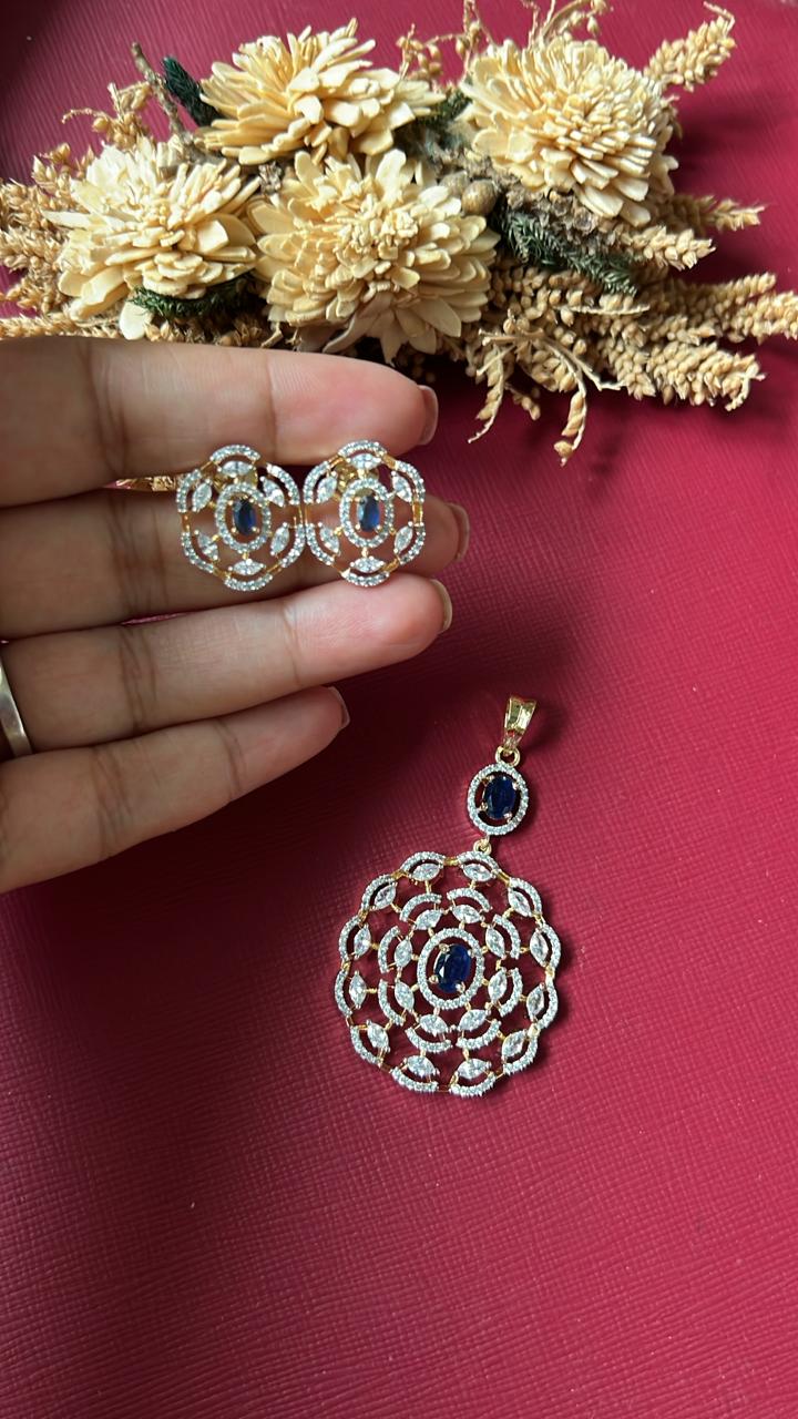 Gold-tone blue American Diamond pendant set from Hema Collections